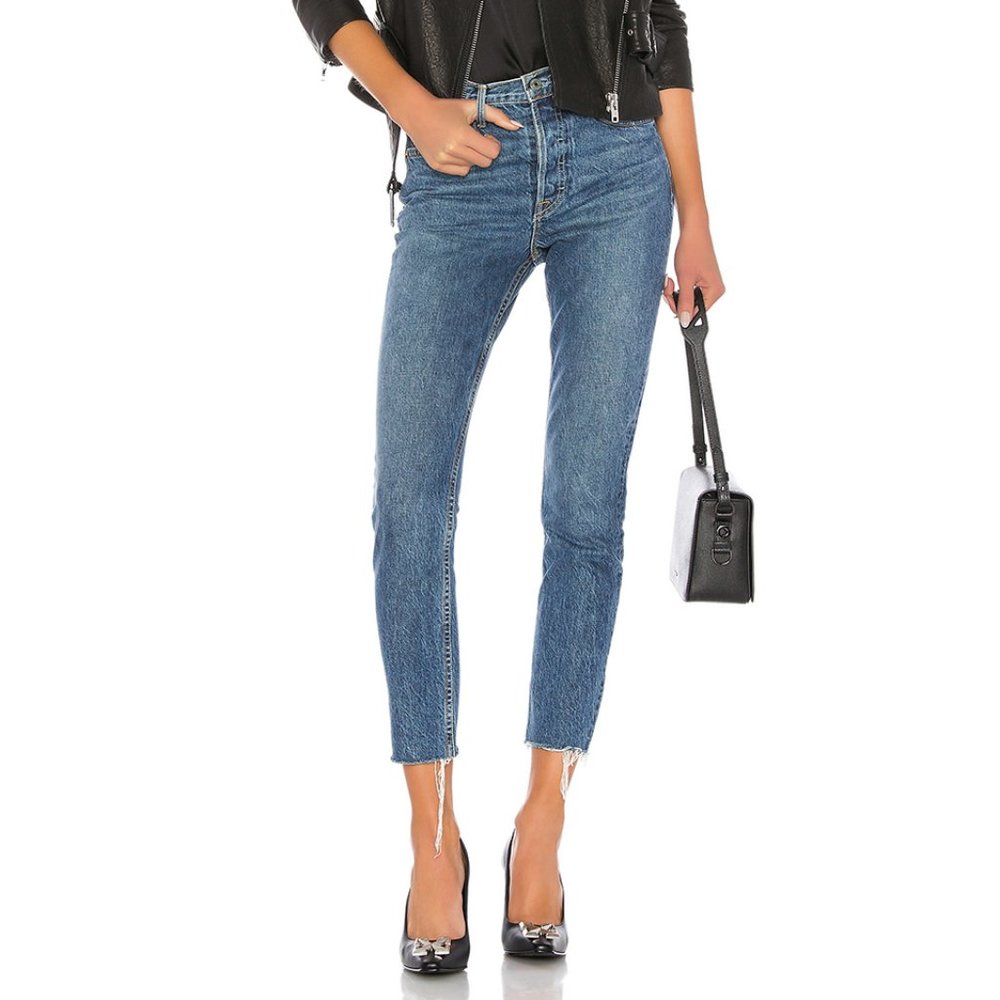 GRLFRND Karolina Mid-Wash High Rise Raw Hem Denim